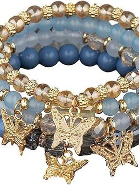 4pc Gold Butterfly Charm Beaded Bracelet Set Stackable Boho Jewelry